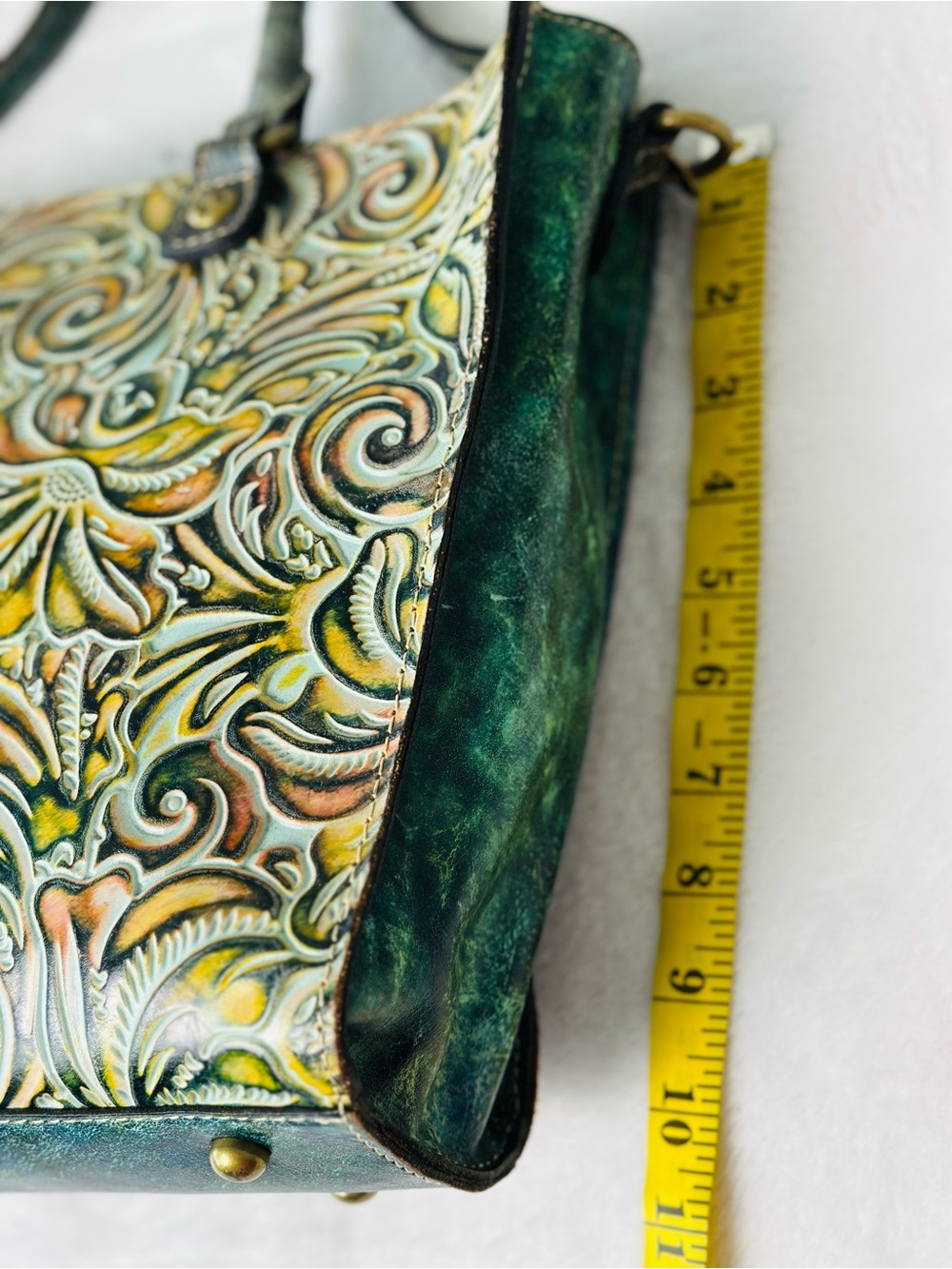 Patricia Nash Turquoise Hand-Tooled Floral Leather Tote Bag - Picture 10 of 12